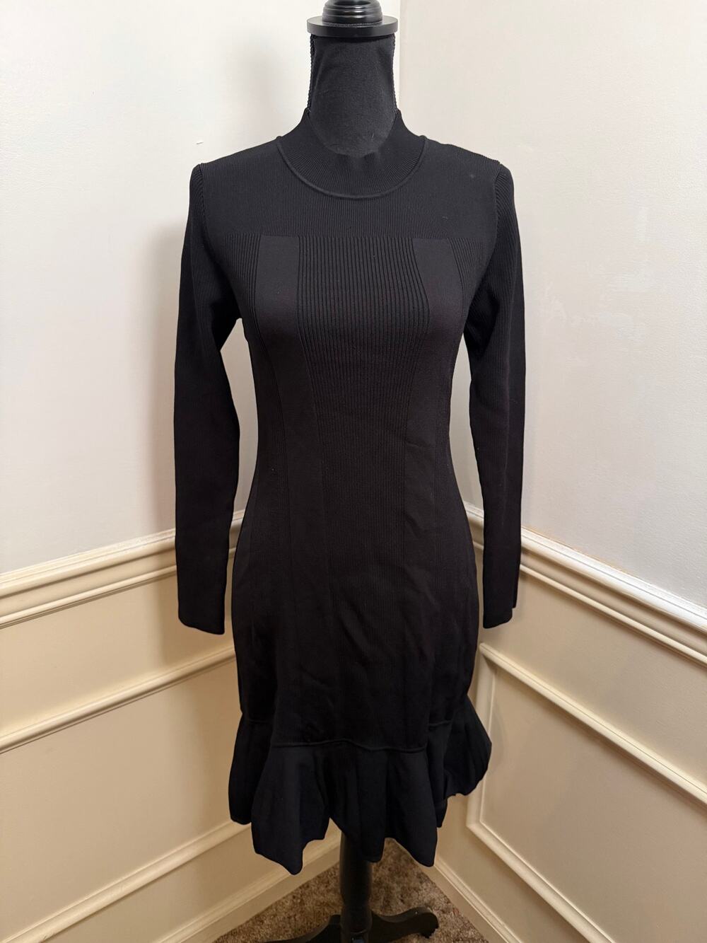 Nicole Miller Collection Black Ribbed Long-Sleeve Flounce Hem Sweater Dress